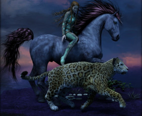 Картинка 3д+графика люди+и+животные+ people+and+animals тигр лошадь фон девушка взгляд