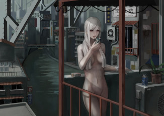 Картинка аниме город +улицы +здания девушка голая сигарета