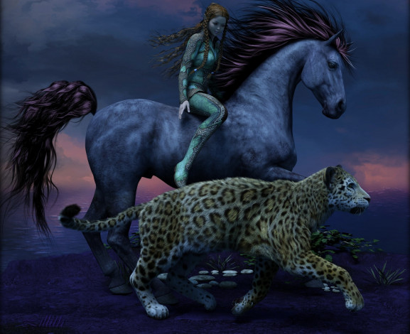 Обои картинки фото 3д графика, люди и животные , people and animals, тигр, лошадь, фон, девушка, взгляд