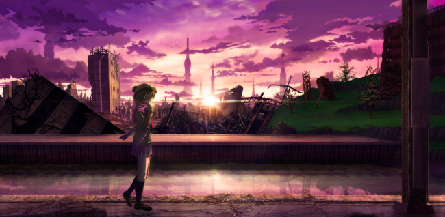 Обои картинки фото аниме, город,  улицы,  здания, руины, девочка, закат