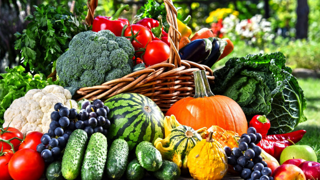 Обои картинки фото еда, фрукты и овощи вместе, арбуз, виноград, помидоры, огурцы, капуста, брокколи