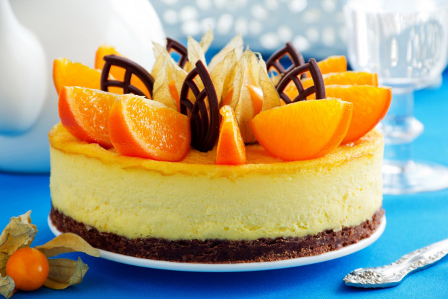 Обои картинки фото еда, торты, чизкейк, физалис, апельсин