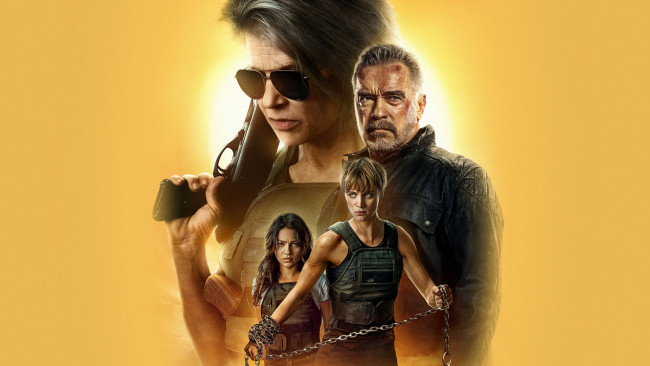 Обои картинки фото terminator,  dark fate , 2019, кино фильмы, терминатор, темные, судьбы, фантастика, боевик, линда, хэмилтон, арнольд, шварценеггер, mackenzie, davis, natalia, reyes, постер