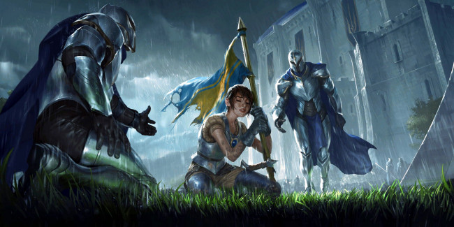 Обои картинки фото видео игры, league of legends,  legends of runeterra, воины, девушка, флаг, дождь, замок