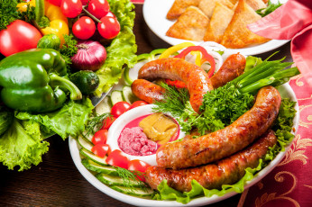 Картинка еда колбасные+изделия овощи колбаски жареные