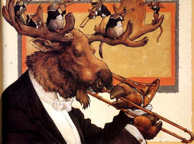 Обои картинки фото рисованное, животные, лось, труба, рога, зверьки, оркестр, костюмы