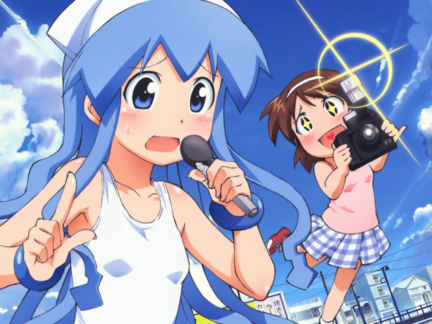 Обои картинки фото аниме, shinryaku, ika, musume, девушки, микрофон