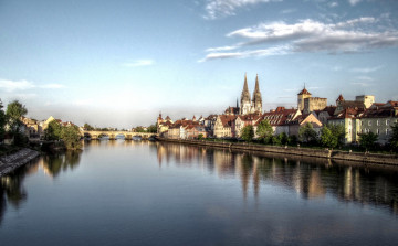 обоя города, регенсбург, германия, собор, мост, река