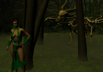 Картинка 3д+графика фантазия+ fantasy фон взгляд скелет дракон лес девушка