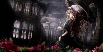 Картинка аниме touhou арт apple228 yakumo yukari ночь зонт руины розы город девушка