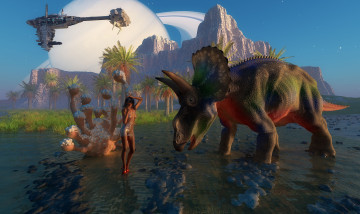 Картинка 3д+графика фантазия+ fantasy пальмы динозавр река горы фон взгляд девушка