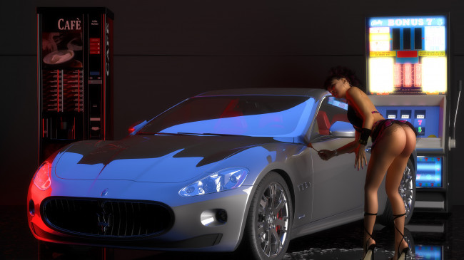 Обои картинки фото автомобили, 3d car&girl, девушка, взгляд, фон, автомобиль