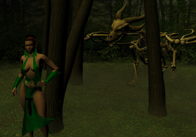Обои картинки фото 3д графика, фантазия , fantasy, фон, взгляд, скелет, дракон, лес, девушка