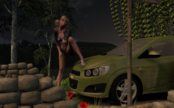 Картинка 3д+графика люди-авто мото+ people-+car+ +moto автомобиль фон взгляд девушка