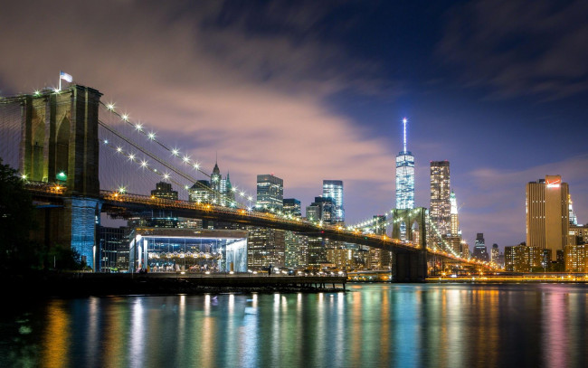 Обои картинки фото города, нью-йорк , сша, город, огни, река, ночь, бруклинский, мост