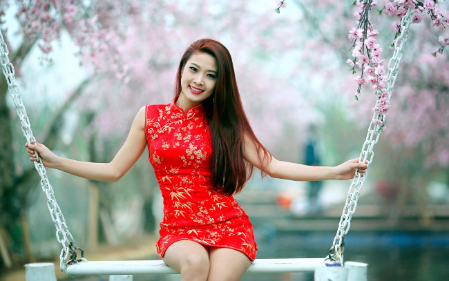 Обои картинки фото девушки, -unsort , азиатки, девушка, весна, платье, красное, брюнетка, азиатка