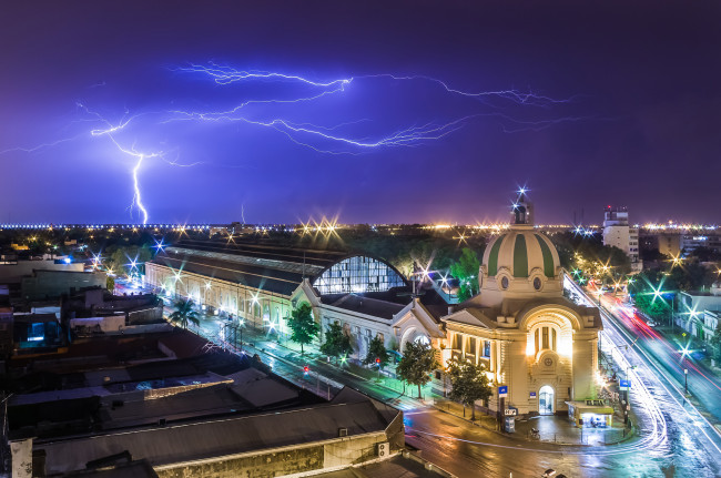 Обои картинки фото города, - огни ночного города, гроза, ночь, огни