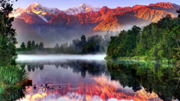 Картинка природа пейзажи лес река горы туман