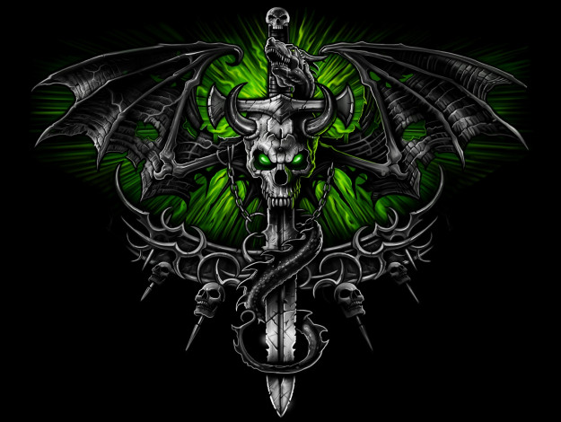 Обои картинки фото 3д графика, другое , other, skeleton, sword, wings, dragon, skull