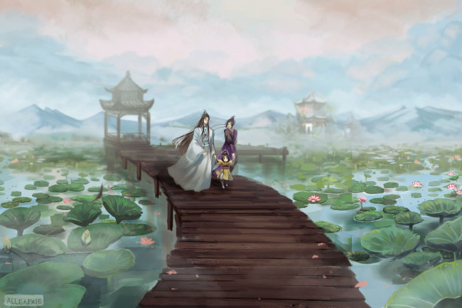 Обои картинки фото аниме, mo dao zu shi, цзянь, чэн, лань, сичень, цзинь, лин, озеро, лотосы