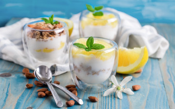 обоя еда, мороженое,  десерты, миндаль, десерт, мята, лимон