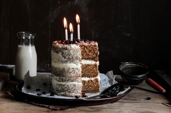 Картинка еда пирожные кексы печенье тортик лопатка бутылочка ситечко свечки