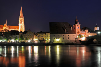 Картинка германия бавария регенсбург города река дома огни ночь