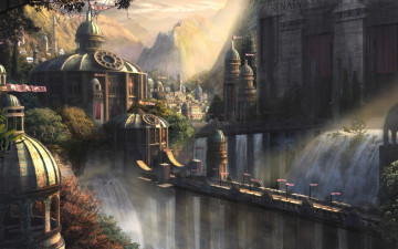 Картинка фэнтези иные миры времена мосты водопады город