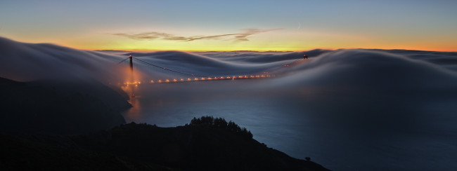 Обои картинки фото города, сан, франциско, сша, туман, мост, огни