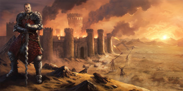 Картинка фэнтези люди рыцарь замок воин пожар катапульты осада