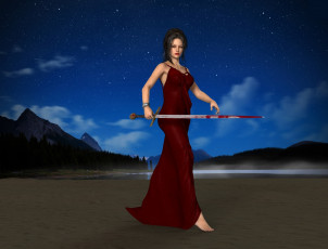 Картинка 3д+графика фантазия+ fantasy взгляд девушка горы ночь озеро оружие фон облака звезды лес