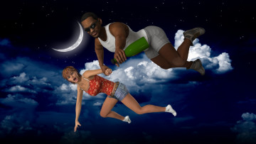 Картинка 3д+графика фантазия+ fantasy девушка взгляд фон мужчина полет ночь страх облака луна