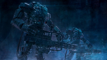 Картинка фэнтези роботы +киборги +механизмы будущее иной мир пулеметы ночь