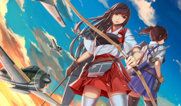 Картинка аниме kantai+collection nian стрелы лук kaga оружие akagi девушки самолёты kantai collection kancolle