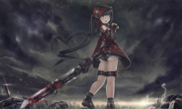 Картинка аниме оружие +техника +технологии девушка поле тучи кровь меч арт novcel