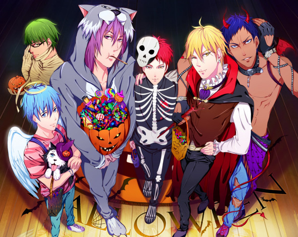 Обои картинки фото аниме, kuroko no baske, парни, праздник, хэллоуин, конфеты, сладости, крылья, нимб, тыква, рога, скелет, костюмы