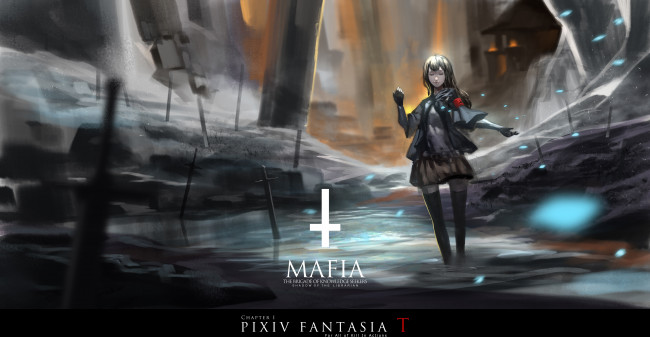 Обои картинки фото аниме, pixiv fantasia, девушка, baka, арт, мечи, руины, pixiv, fantasia, вода, mh6516620