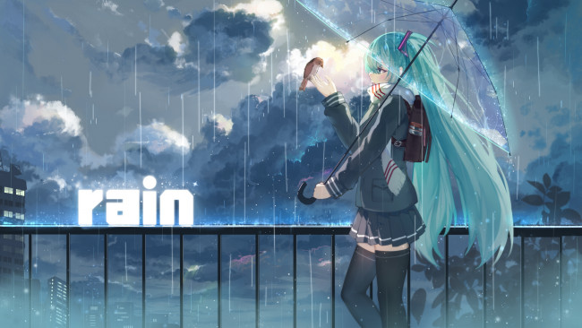 Обои картинки фото аниме, vocaloid, hatsune, miku, haraguroi, you, облака, небо, тучи, арт, девушка, дождь, зонт, птица