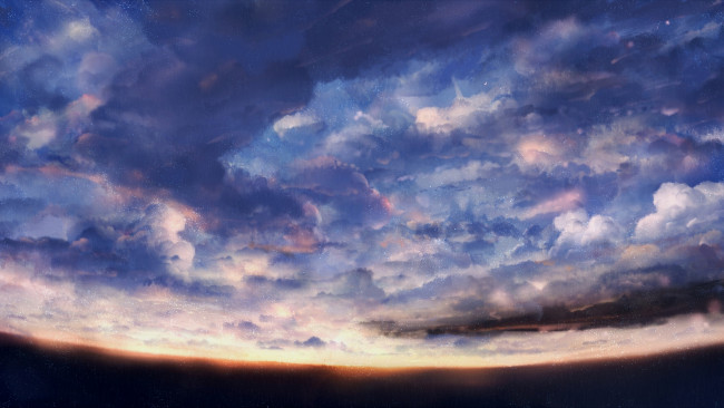 Обои картинки фото рисованное, природа, облака, небо, закат