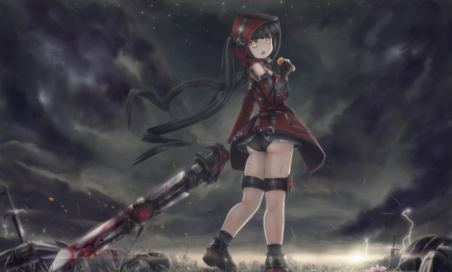 Обои картинки фото аниме, оружие,  техника,  технологии, девушка, поле, тучи, кровь, меч, арт, novcel