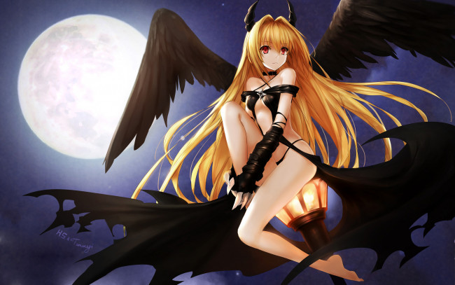 Обои картинки фото аниме, to-love-ru, девушка, hanshu, konjiki, no, yami, луна, полнолуние, фонарь, столб, ночь, рога, крылья, демон