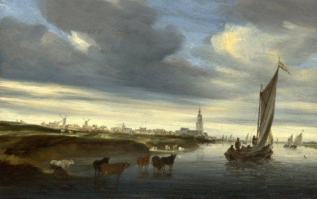 Обои картинки фото рисованное, живопись, пейзаж, канал, облака, небо, башня, мельница, парус, коровы, лодка