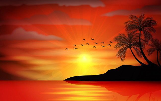Обои картинки фото векторная графика, природа , nature, тропики, palms, island, paradise, sea, tropical, силуэт, море, пальмы, закат, остров, sunset