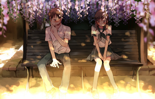 Обои картинки фото аниме, unknown,  другое, makoji, yomogi, арт, парочка, парень, девушка, скамья, цветы, глициния