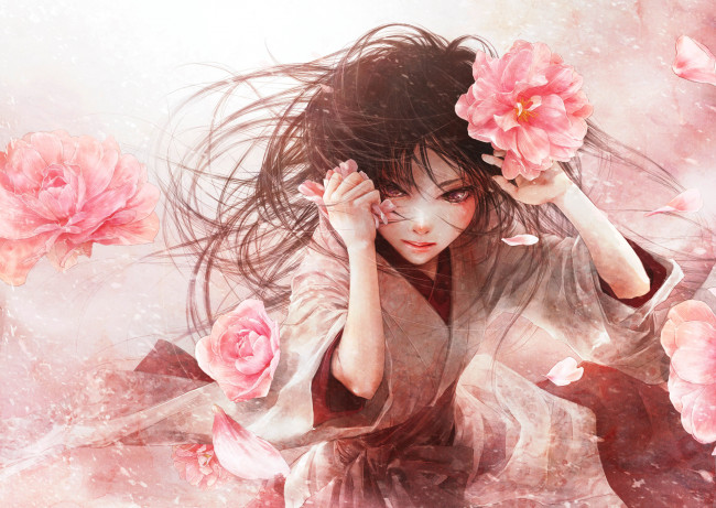 Обои картинки фото аниме, unknown,  другое, юката, цветы, enta, shiho, арт, девушка
