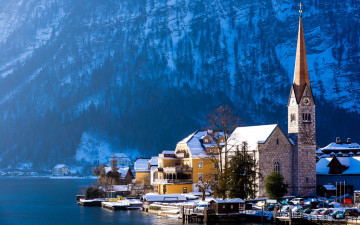 Картинка города гальштат+ австрия озеро горы зима