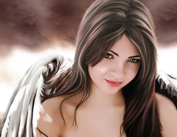 Обои картинки фото фэнтези, ангелы, крылья, взгляд, фон, девушка