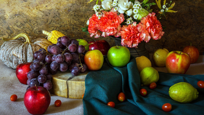 Обои картинки фото еда, натюрморт, виноград, яблоки
