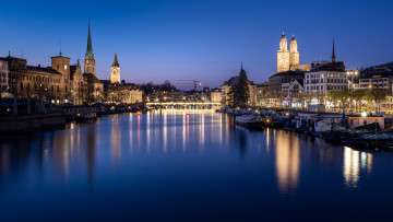 Картинка города цюрих+ швейцария река вечер огни