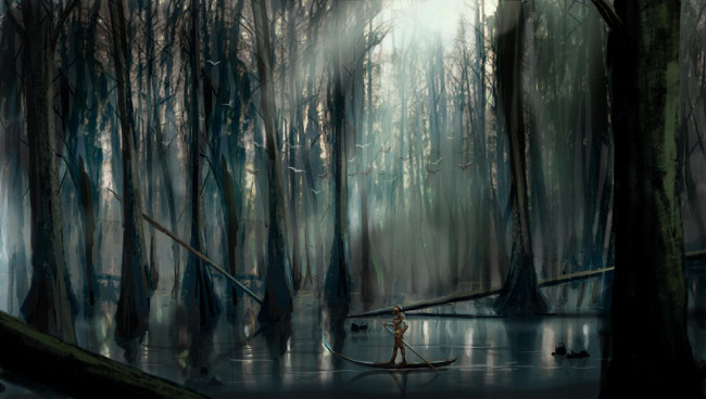 Обои картинки фото фэнтези, люди, человек, лодка, озеро, лес, птицы